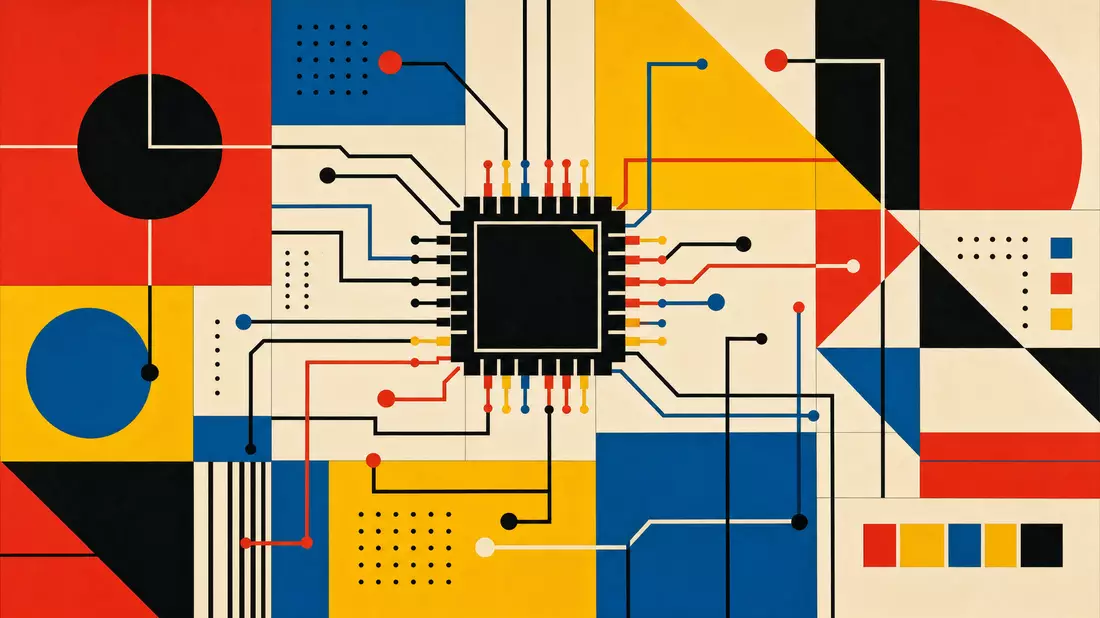 Bauhaus-Poster-Illustration eines Halbleiter-Chips mit geometrischen Formen in Rot, Blau und Gelb auf Cremehintergrund, Schaltkreislinien im De-Stijl-Stil, kein Markenname