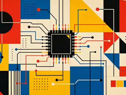 AMD Chip ISIN US0079031078 geometrisches Bauhaus Poster mit Primärfarben und Schaltkreis Linien - Foto: THN