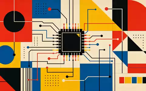 AMD Chip ISIN US0079031078 geometrisches Bauhaus Poster mit Primärfarben und Schaltkreis Linien - Foto: THN