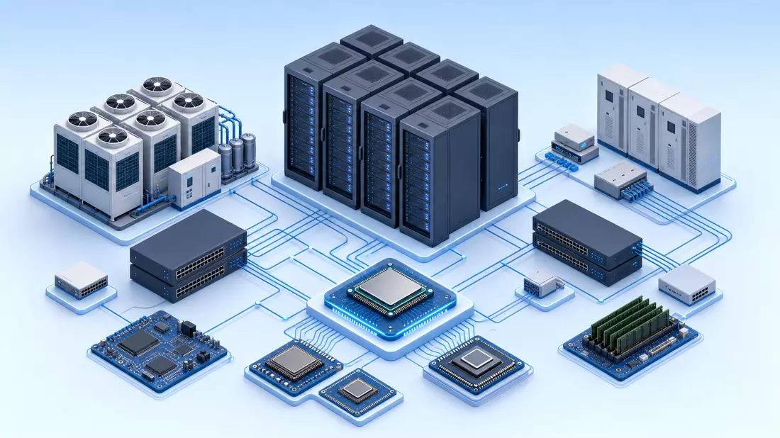 Isometrische 3D-Illustration mit Serverracks, Kühlaggregaten, Netzwerkswitches und CPU-Chips in einem technischen Diagramm-Layout auf hellblauem Hintergrund, kein Markenname