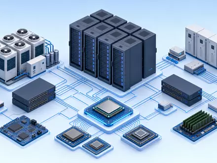 AMD Server ISIN US0079031078 isometrische 3D Illustration von Serverinfrastruktur und Chip Architektur - Foto: THN