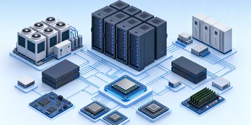 AMD Server ISIN US0079031078 isometrische 3D Illustration von Serverinfrastruktur und Chip Architektur - Foto: THN