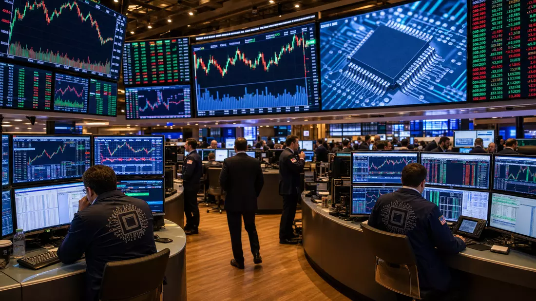 Börsen-Editorial-Fotografie eines NASDAQ-Handelssaals mit Händlern an Terminals, großen Bildschirmwänden mit Kurs-Charts und Halbleiter-Chip-Grafik, kein Markenname