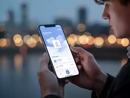 Junger Erwachsener in Deutschland nutzt Smartphone für Banking-App, verschwommene Stadtsilhouette im Hintergrund, moderne Finanzdienstleistungen. - Foto: über boerse-global.de