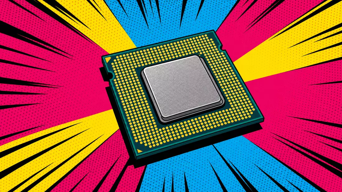 Pop-Art-Comic-Illustration eines generischen CPU-Chips im Roy-Lichtenstein-Stil mit Ben-Day-Punktras