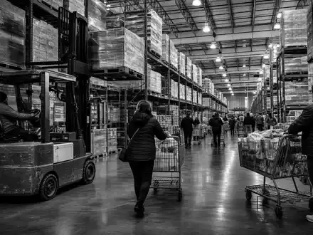 Schwarzweiß-Reportage zeigt Costco Wholesale Corp. US22160K1051 Lageralltag mit Gabelstapler und vollen Einkaufswagen dokumentarisch - Foto: THN