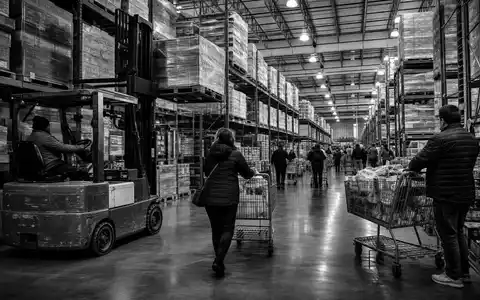 Schwarzweiß-Reportage zeigt Costco Wholesale Corp. US22160K1051 Lageralltag mit Gabelstapler und vollen Einkaufswagen dokumentarisch - Foto: THN