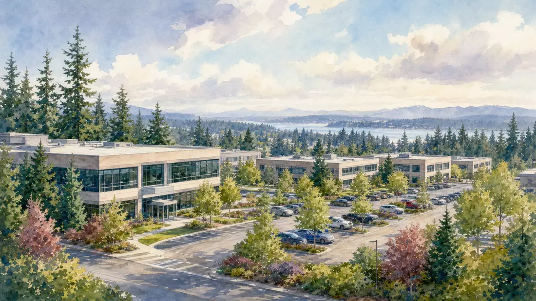 Aquarellmalerei eines Bürocampus mit Bäumen und Parkplatz nahe Seattle
