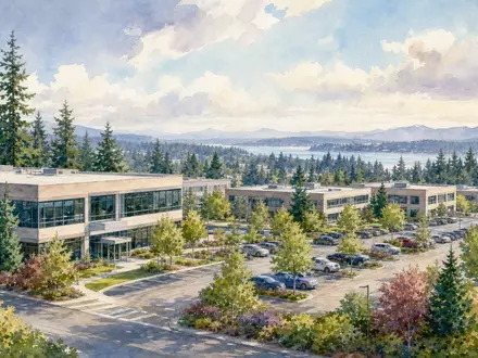 Aquarell-Illustration symbolisiert Costco Wholesale Corp. US22160K1051 mit ruhigem Firmencampus nahe Seattle und Wald umgeben - Foto: THN