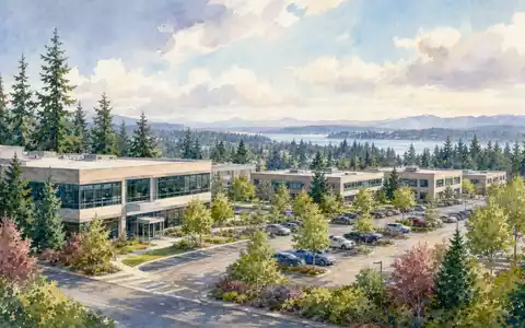 Aquarell-Illustration symbolisiert Costco Wholesale Corp. US22160K1051 mit ruhigem Firmencampus nahe Seattle und Wald umgeben - Foto: THN