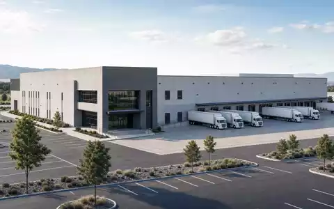 Architektur-Render veranschaulicht Costco Wholesale Corp. US22160K1051 mit modernem Vertriebslager, Laderampen und Lastwagen davor - Foto: THN