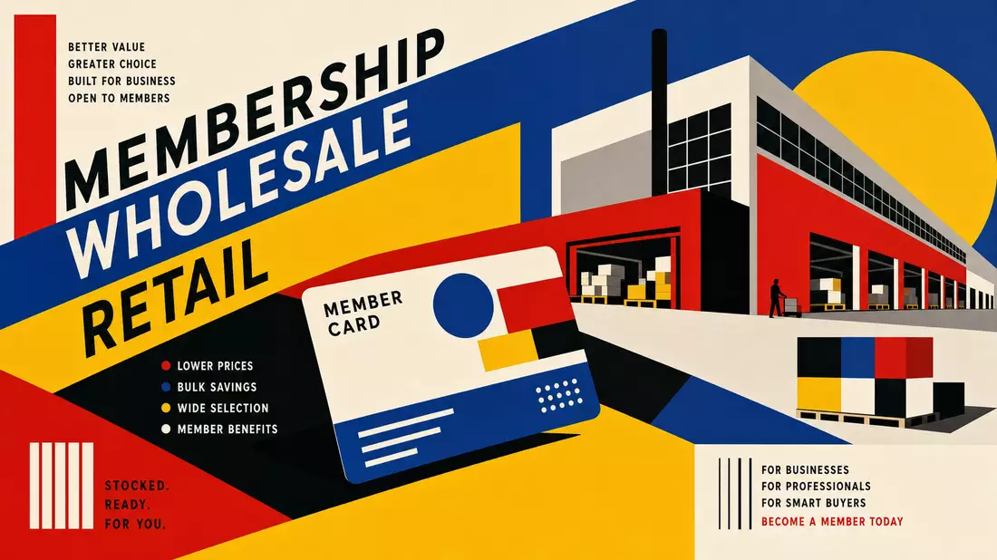 Geometrisches Bauhaus-Poster mit Lagerhaus, Einkaufswagen und dem Wort RETAIL