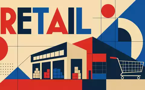 Bauhaus-Poster steht symbolisch für Costco Wholesale Corp. US22160K1051 mit geometrischen Formen, Lagerhaus und Einkaufswagen-Motiv - Foto: THN