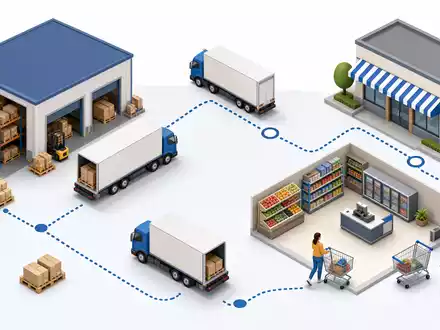 Isometrische 3D-Grafik erklÀrt Costco Wholesale Corp. US22160K1051 anhand der Lieferkette von Lager bis VerkaufsflÀche - Foto: THN