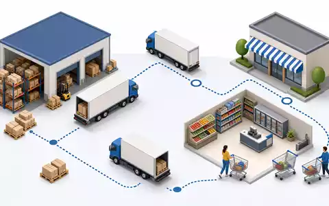 Isometrische 3D-Grafik erklärt Costco Wholesale Corp. US22160K1051 anhand der Lieferkette von Lager bis Verkaufsfläche - Foto: THN