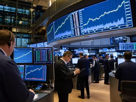 Börsen-Editorial visualisiert Costco Wholesale Corp. US22160K1051 mit Nasdaq-Handelssaal, Kursbildschirmen und aufmerksamen Börsenhändlern - Foto: THN