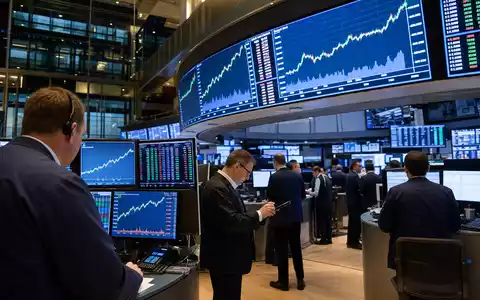 Börsen-Editorial visualisiert Costco Wholesale Corp. US22160K1051 mit Nasdaq-Handelssaal, Kursbildschirmen und aufmerksamen Börsenhändlern - Foto: THN