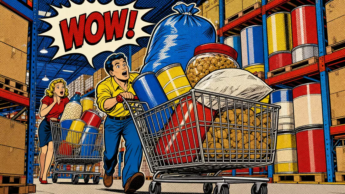 Retro-Pop-Art-Comicillustration mit zwei Figuren im Großhandelslager, überladenen Einkaufswagen voll