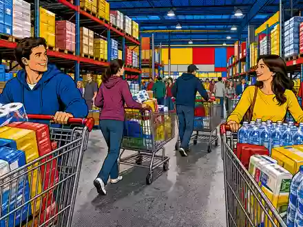 Pop-Art-Comic zeigt Costco Wholesale Corp. US22160K1051 als lebendige Warenhausszene mit vollen Einkaufswagen und fröhlichen Kunden - Foto: THN