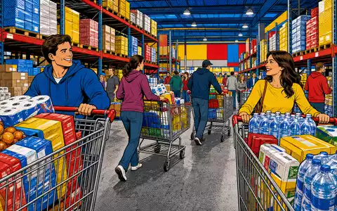 Pop-Art-Comic zeigt Costco Wholesale Corp. US22160K1051 als lebendige Warenhausszene mit vollen Einkaufswagen und fröhlichen Kunden - Foto: THN