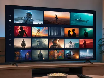 Netflix US64110L1061 zeigt ein generisches Streaming-Interface mit anonymen Inhalts-Kacheln auf modernem TV - Foto: THN