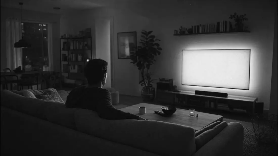 Schwarz-Weiß-Reportagefoto eines Mannes auf einer Couch, der einen hell leuchtenden Flachbildschirm im dunklen Wohnzimmer betrachtet