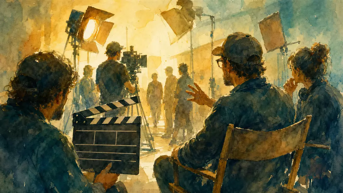 Aquarellgemälde eines Filmsets mit Regisseur, Kamerateam und generischer Filmklappe im Vordergrund, goldene und blaue Farbtöne