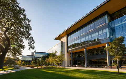 Netflix US64110L1061 zeigt einen modernen Silicon-Valley-Tech-Campus mit Glasfassade und Eichen in Kalifornien - Foto: THN