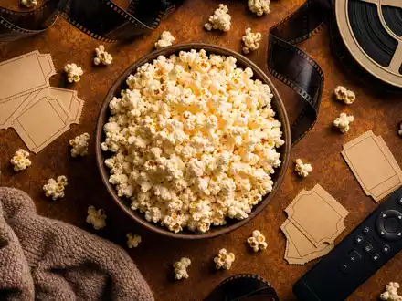 Netflix US64110L1061 inszeniert Popcorn-Filmabend-Atelier mit Filmrollen, leeren Tickets und Fernbedienung als Flatlay. - Foto: THN