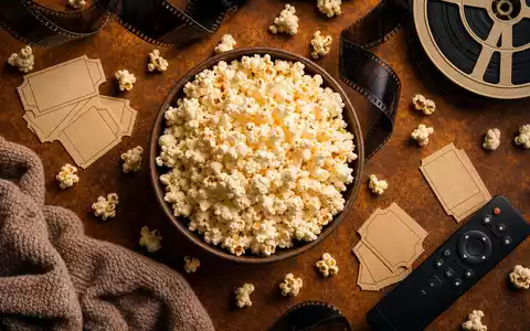 Netflix US64110L1061 inszeniert Popcorn-Filmabend-Atelier mit Filmrollen, leeren Tickets und Fernbedienung als Flatlay - Foto: THN