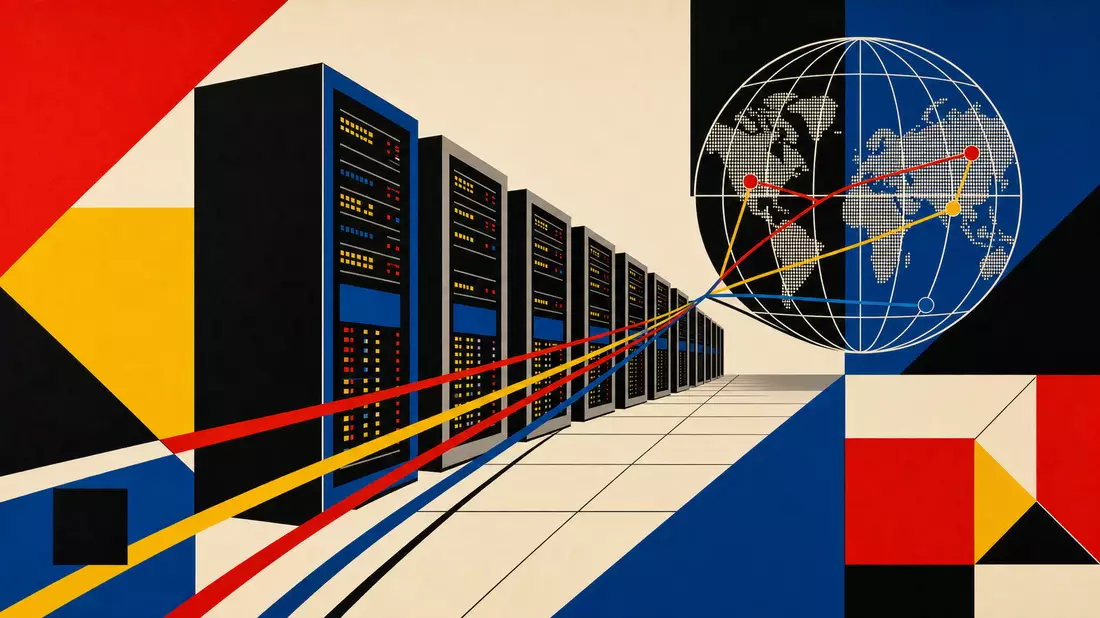 Bauhaus-Poster mit abstrakten geometrischen Formen in Primärfarben, Serverreihen als Rechtecke und globales Netzwerk-Globus-Motiv