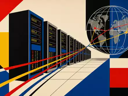 Netflix US64110L1061 stellt ein globales CDN-Rechenzentrum als Bauhaus-Konstruktivismus-Poster mit krÀftigen PrimÀrfarben vor - Foto: THN