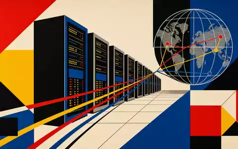 Netflix US64110L1061 stellt ein globales CDN-Rechenzentrum als Bauhaus-Konstruktivismus-Poster mit kräftigen Primärfarben vor - Foto: THN