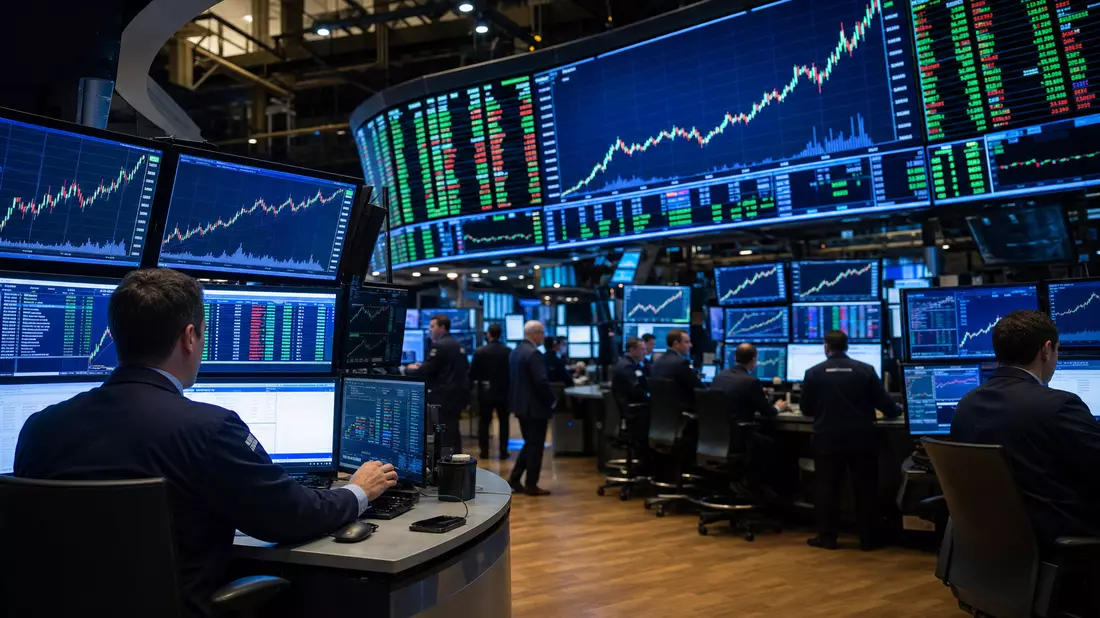 Redaktionelles Foto eines Börsenhandelsraums mit Tradern an mehreren Monitoren, Candlestick-Charts a