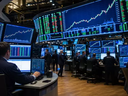 Netflix US64110L1061 illustriert den NASDAQ-Handelsraum mit Tradern, Monitoren und Aktiencharts im Editorial-Stil - Foto: THN