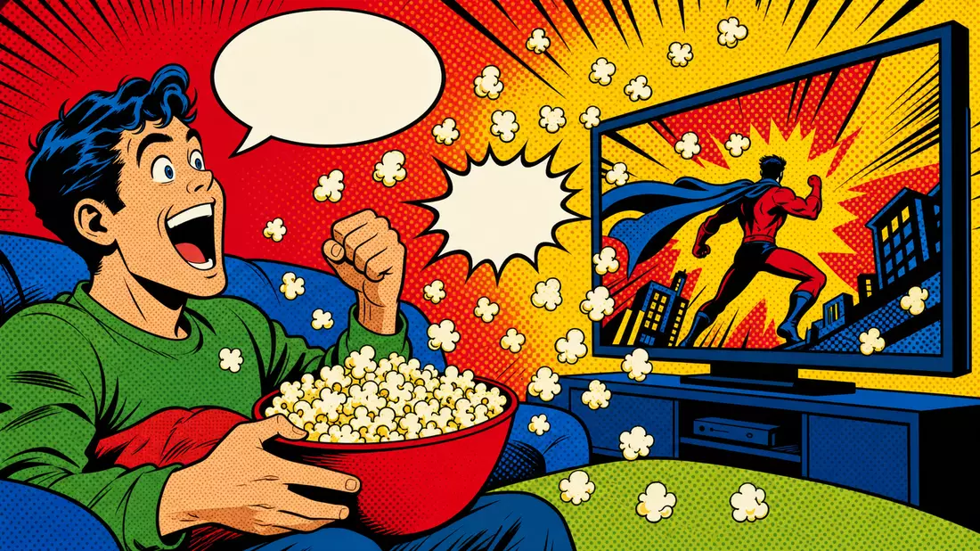 Pop-Art-Comicillustration eines begeisterten Zuschauers mit Popcorn-Schüssel vor einem TV-Bildschirm, Ben-Day-Punkte und kräftige Primärfarben