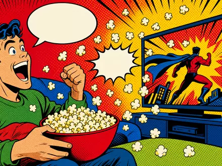 Netflix US64110L1061 begeistert im Pop-Art-Stil mit Comic-Zuschauer, fliegendem Popcorn und animiertem Bildschirm - Foto: THN