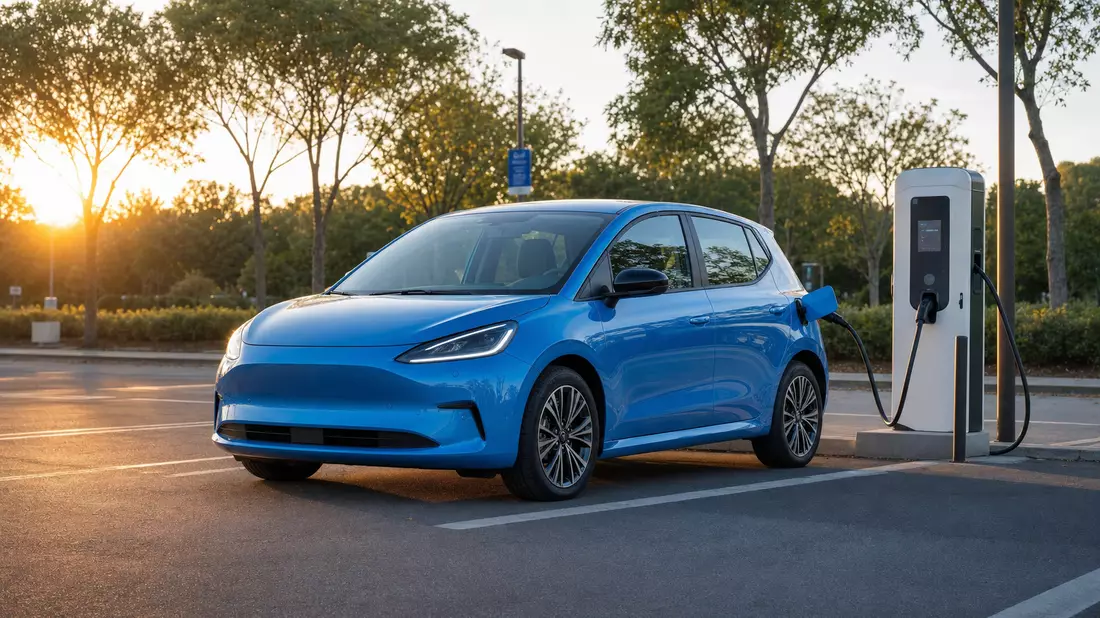 Ein markenneutrales blaues Elektroauto steht an einer modernen öffentlichen Ladestation und wird auf