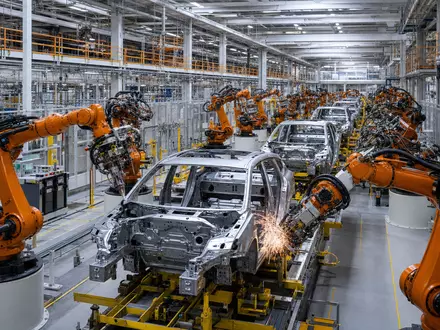 Fotorealistische Aufnahme einer Fertigungshalle zeigt Tesla Inc., ISIN US88160R1014, bei moderner Elektrofahrzeug-Produktion - Foto: THN