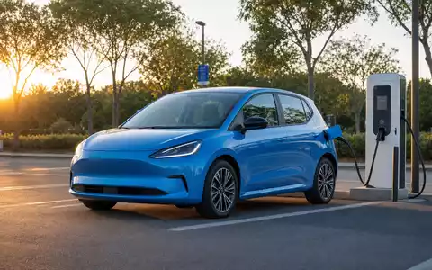 Tesla US88160R1014 fotorealistisch generisches Elektrofahrzeug lädt an einer modernen öffentlichen Ladestation auf - Foto: THN