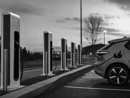 Dieses SchwarzweiĂ-Reportagefoto einer LadesĂ€ulen-Reihe steht sinnbildlich fĂŒr Tesla Inc., ISIN US88160R1014, und moderne ElektromobilitĂ€t weltweit - Foto: THN