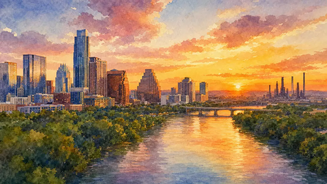 Aquarellbild der Skyline von Austin mit Fluss und warmem Sonnenuntergangshimmel