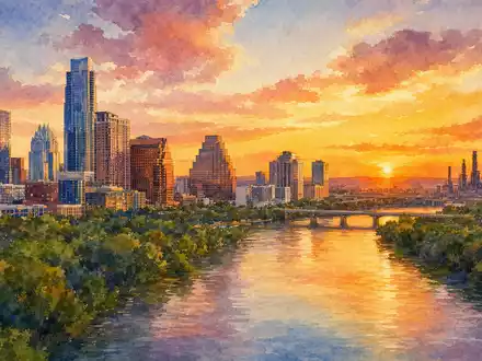 Aquarellmalerei der Skyline von Austin symbolisiert den US-Standort von Tesla Inc., ISIN US88160R1014, bei Sonnenuntergang - Foto: THN