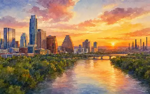 Aquarellmalerei der Skyline von Austin symbolisiert den US-Standort von Tesla Inc., ISIN US88160R1014, bei Sonnenuntergang - Foto: THN