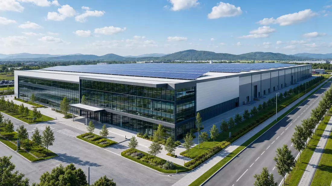 Architektur-Render einer modernen Fabrikhalle mit Solarpaneelen auf dem Dach