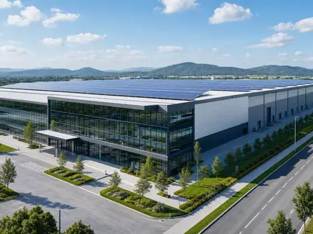 Architektur-Render einer Solarfabrik veranschaulicht die Anlagenwelt von Tesla Inc., ISIN US88160R1014, in moderner Bauweise - Foto: THN