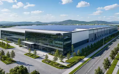 Architektur-Render einer Solarfabrik veranschaulicht die Anlagenwelt von Tesla Inc., ISIN US88160R1014, in moderner Bauweise - Foto: THN