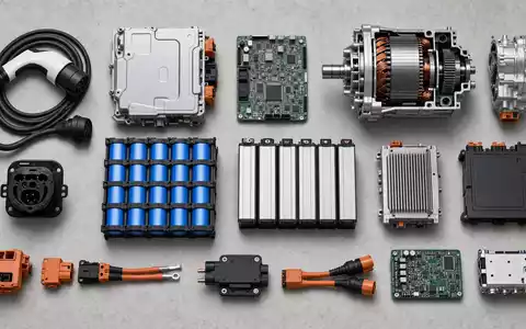 Tesla US88160R1014 Flatlay zeigt Elektrofahrzeug Komponenten Batteriezellen Motor und Ladekabel von oben - Foto: THN