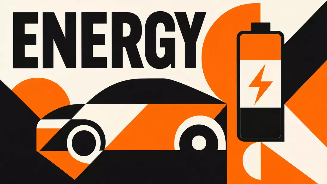 Geometrisches Bauhaus-Poster mit Auto-Silhouette, Batterie-Symbol und Schriftzug ENERGY