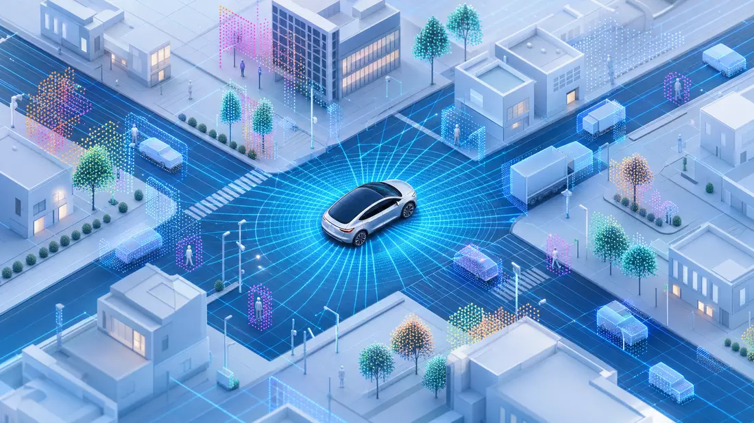 Isometrische 3D-Illustration eines generischen Elektrofahrzeugs im Stadtnetz mit Lidar-Sensordaten a